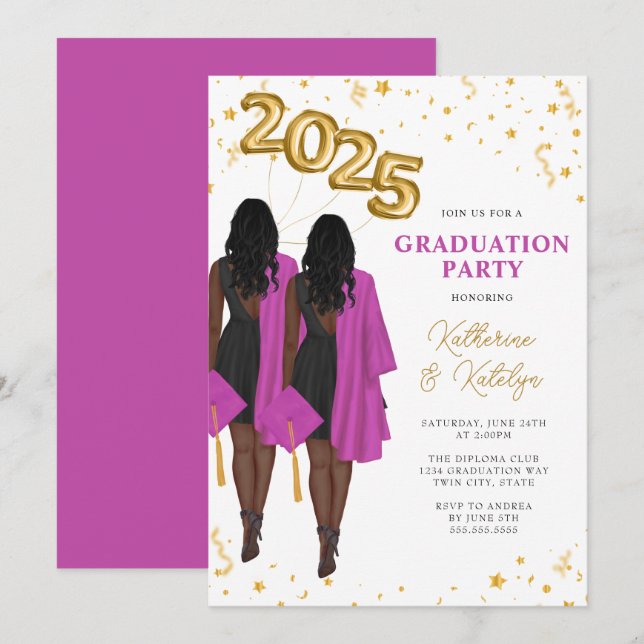 Afrikanische American Twin Sisters Graduation Part Einladung (Vorne/Hinten)