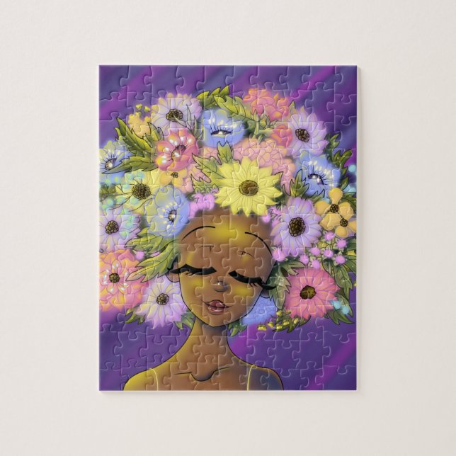 Afrikanische Amerikanerin mit blühender Afro-Blume (Vertikal)