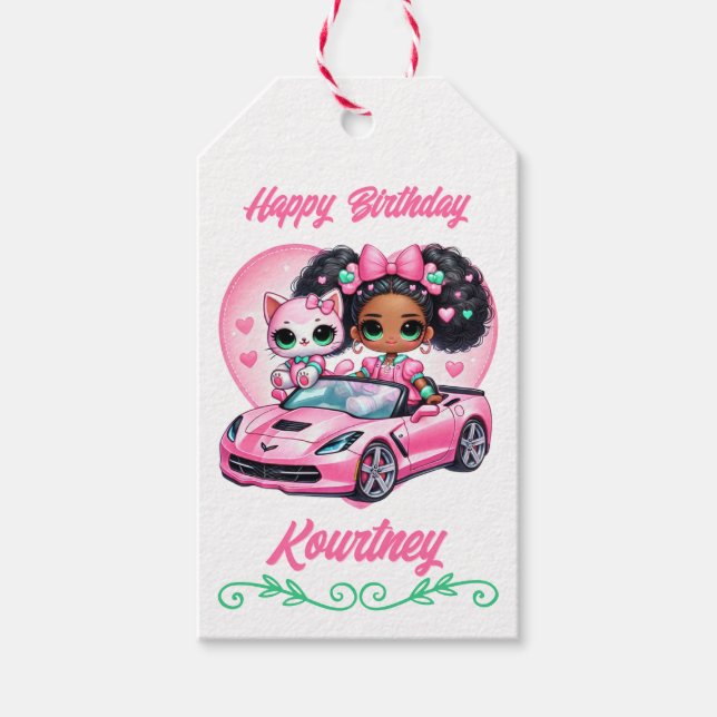 Afrikanische Amerikanerin mit Katze in rosa Korvet Geschenkanhänger (Vorderseite)