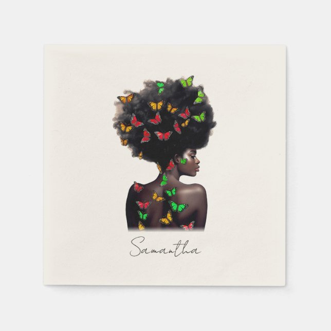 Afrikanische Amerikanerin mit schmetterlingsgefüll Serviette (Vorderseite)