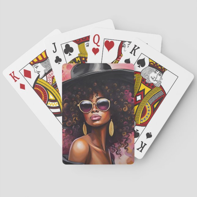 Afrikanische Amerikanerin spielt Karten Spielkarten (Rückseite)