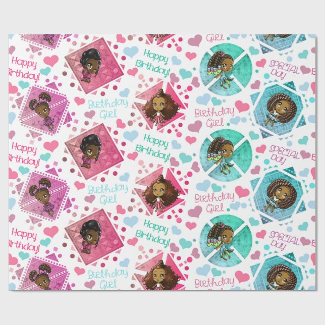 Afrikanische Amerikanermädchen Geburtstagspapier Geschenkpapier (Flach)