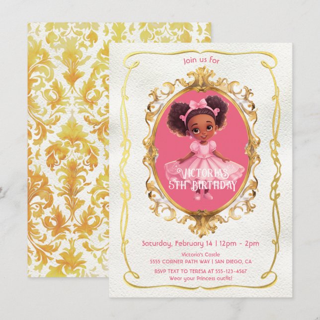 Afrikanische Amerikanisch-Goldpink-Prinzessin Birt Einladung (Vorne/Hinten)