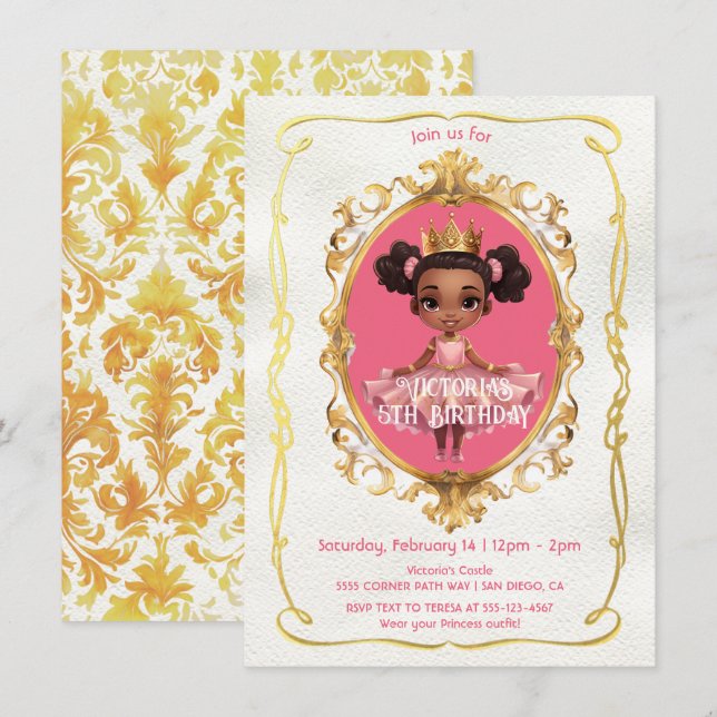 Afrikanische Amerikanisch-Goldpink-Prinzessin Birt Einladung (Vorne/Hinten)