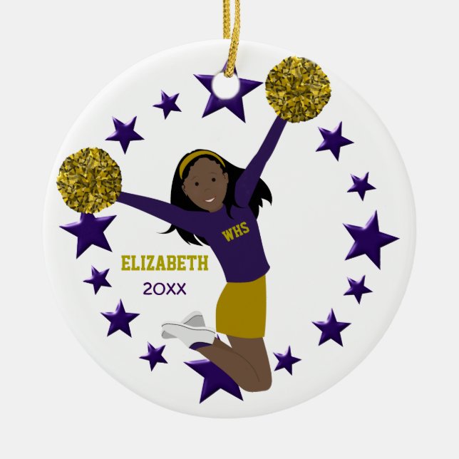 Afrikanische amerikanische Cheerleader lila u. Keramik Ornament (Vorne)