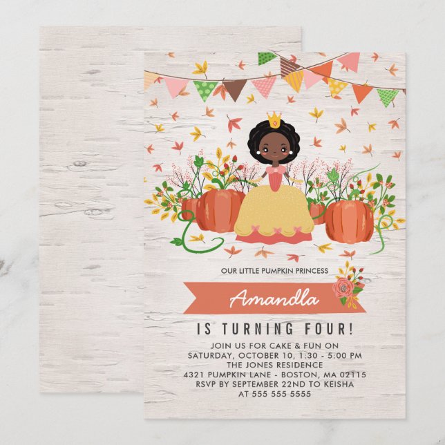 Afrikanische amerikanische Kürbisprinzessin Birthd Einladung (Vorne/Hinten)