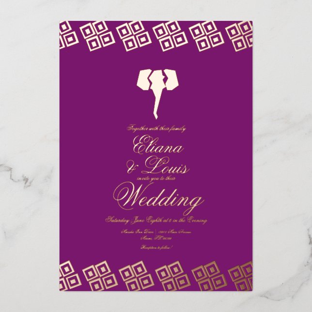 Afrikanische Ankara Elephant Lila Hochzeit gepress Folieneinladung (Vorderseite)