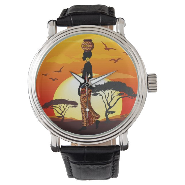 Afrikanische Beautiful Woman Silhouette über afrik Armbanduhr (Vorderseite)