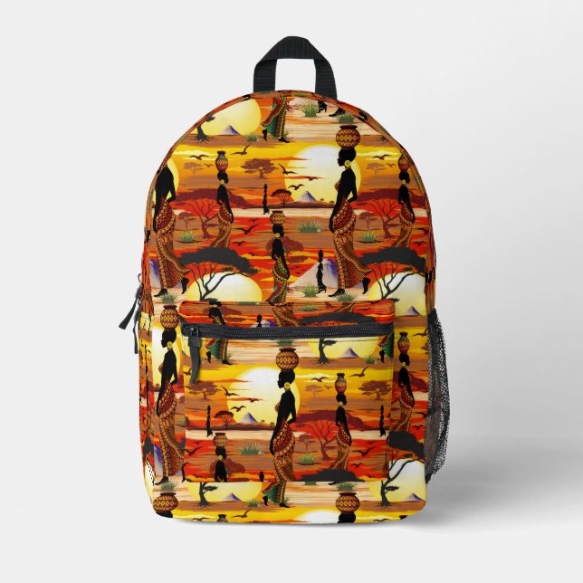 Afrikanische Beautiful Woman Silhouette über afrik Bedruckter Rucksack (Vorderseite)