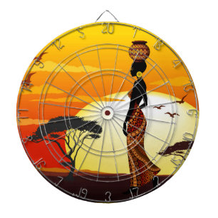 Afrikanische Beautiful Woman Silhouette über afrik Dartscheibe