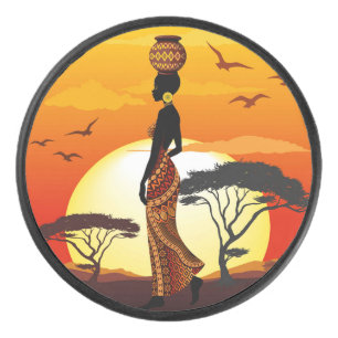 Afrikanische Beautiful Woman Silhouette über afrik Eishockey Puck