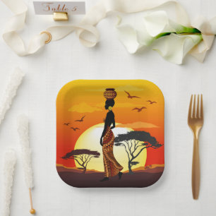 Afrikanische Beautiful Woman Silhouette über afrik Pappteller