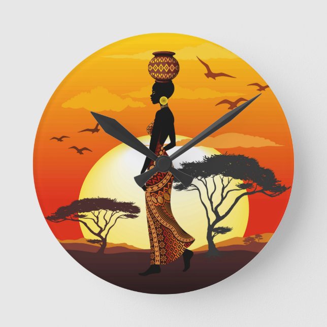 Afrikanische Beautiful Woman Silhouette über afrik Runde Wanduhr (Vorderseite)
