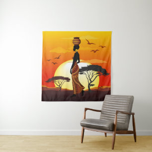 Afrikanische Beautiful Woman Silhouette über afrik Wandteppich