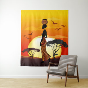 Afrikanische Beautiful Woman Silhouette über afrik Wandteppich