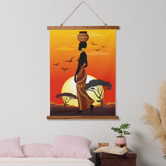 Afrikanische Beautiful Woman Silhouette über afrik Wandteppich Mit Holzrahmen (Schlafzimmer)