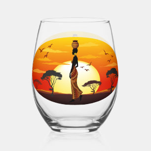 Afrikanische Beautiful Woman Silhouette über afrik Weinglas Ohne Stiel
