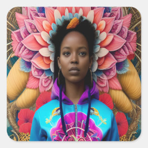 Afrikanische Dame mit floralem Trainingsanzug Quadratischer Aufkleber