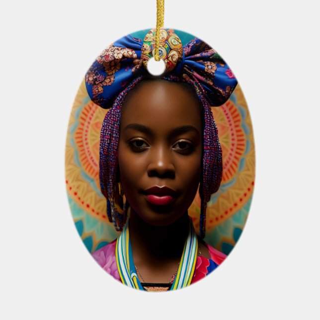 Afrikanische Dame mit großer Bug und Medaille Keramik Ornament (Vorne)