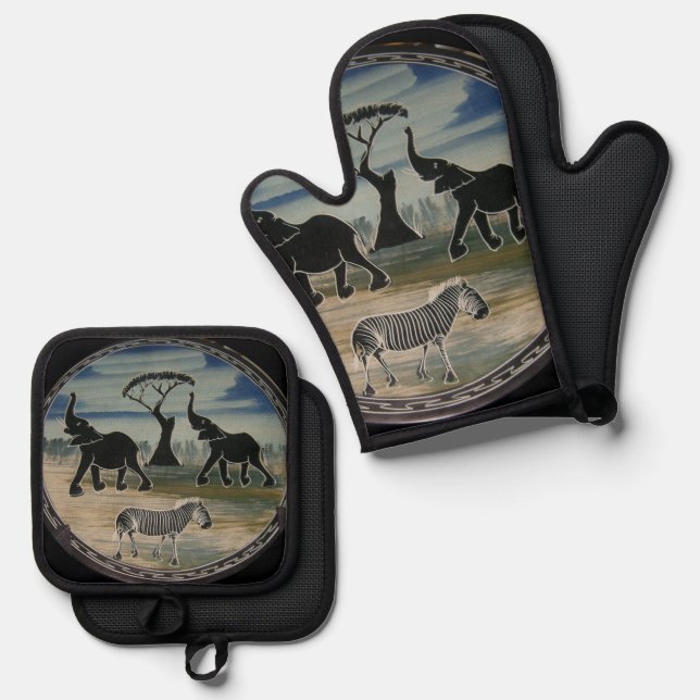 afrikanische Elefantenkunst Print Ofenhandschuh & Topflappen-Set (Vorderseite/Rückseite)
