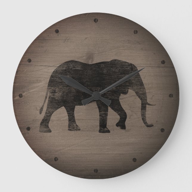 Afrikanische ElefantenSilhouette Rustikaler Stil Große Wanduhr (Vorderseite)