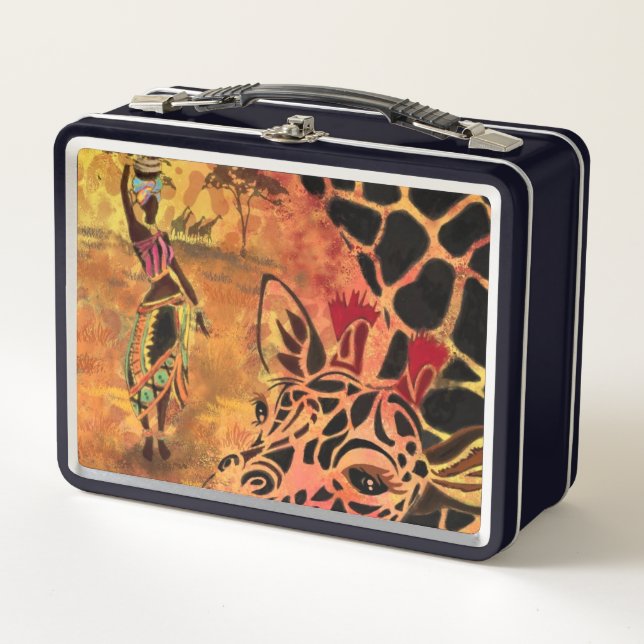 Afrikanische Frau und Giraffe-Metal-Lunch Box Metall Brotdose (Vorderseite)