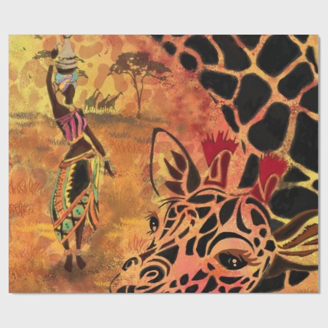 Afrikanische Frau und Giraffenpapier Geschenkpapier (Flach)
