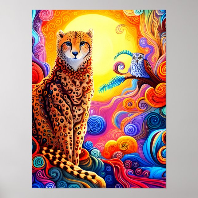 Afrikanische Geparden und Eule mit Sonne in farbig Poster (Vorne)