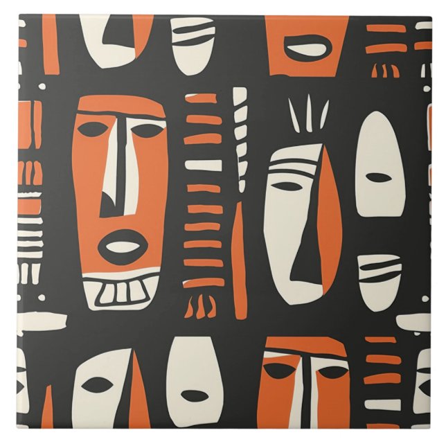 Afrikanische Gesichter Orange, Schwarze Keramik Fliese (Vorderseite)