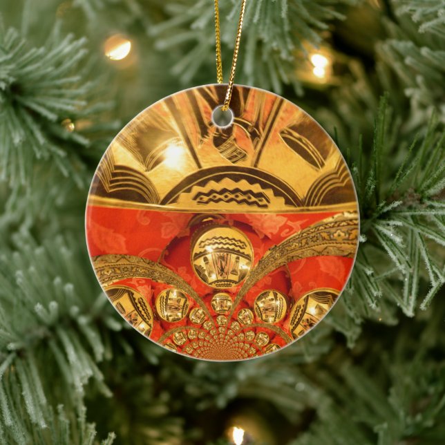 Afrikanische Kulturkunst: Rich Golden Red Design Keramik Ornament (Baum)