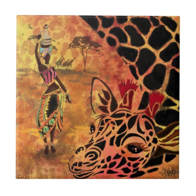 Afrikanische Mädchen und Giraffe Keramik Tile Fliese (Vorderseite)