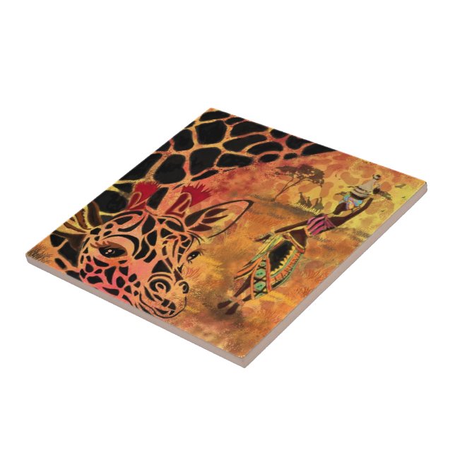 Afrikanische Mädchen und Giraffe Keramik Tile Fliese (Seite)