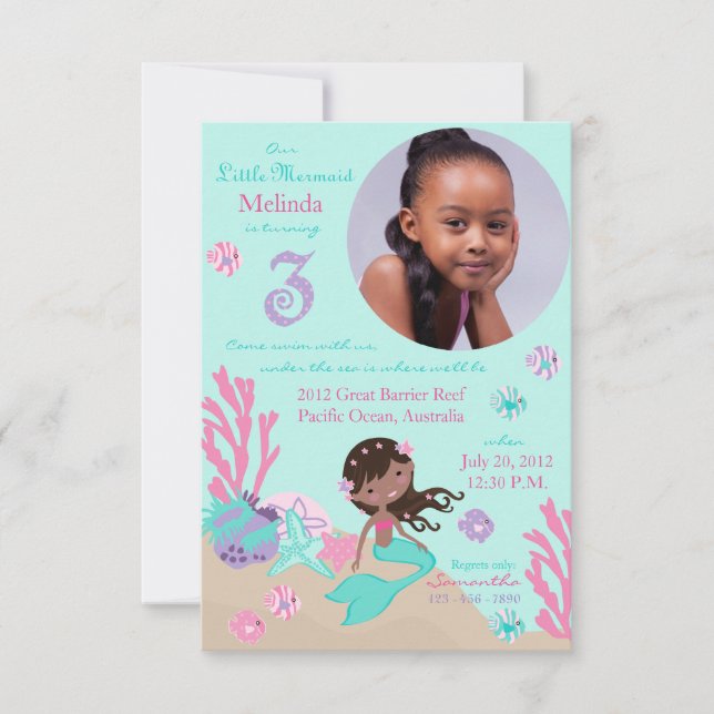 Afrikanische Mermaid Dritte Geburtstagseinladung Einladung (Vorderseite)