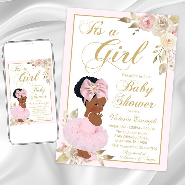 Afrikanische Prinzessin Tutu Baby Dusche Einladung (Cute pink and gold tutu baby shower invitation. Instant download and printed invitations available.)
