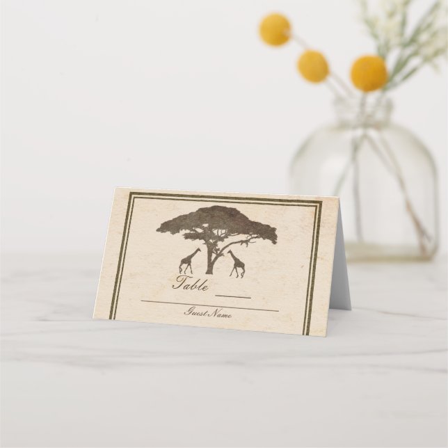 Afrikanische Safari Giraffen & Bäume Hochzeitssitz Platzkarte (Rückseite)