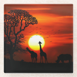 Afrikanische Safari-Sonnenuntergang-Tiersilhouette Glasuntersetzer