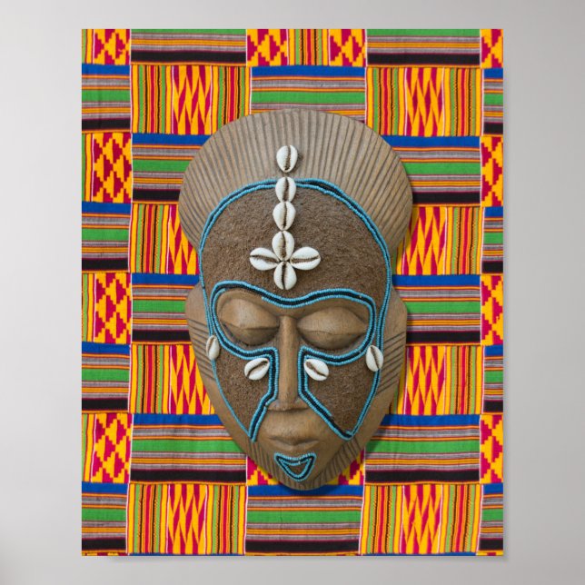 Afrikanische Stammesmaske Cowrie Muscheln Orange G Poster (Vorne)