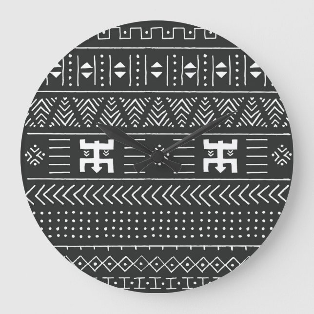Afrikanische Stammkunst: Geometrisches Schwarz & W Große Wanduhr (Vorderseite)