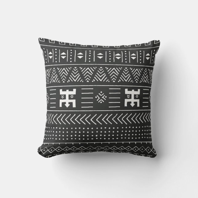 Afrikanische Stammkunst: Geometrisches Schwarz & W Kissen (Vorderseite)