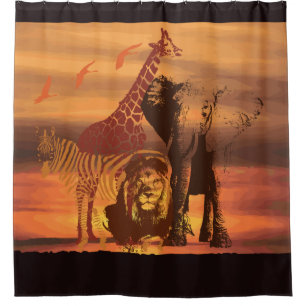 Afrikanische Tiere (Giraffe, Löwe, Zebra, Elefant) Duschvorhang
