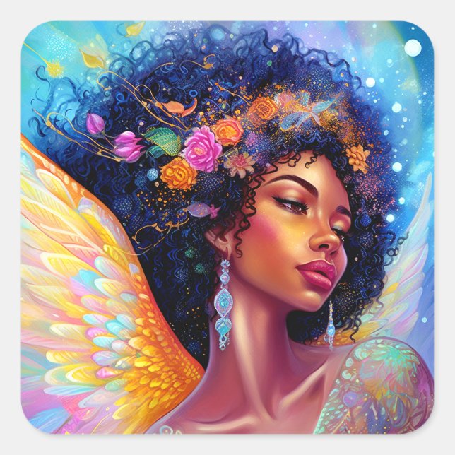 Afrikanischer Amerikaner Angel Lady Fantasy Art Quadratischer Aufkleber (Vorderseite)