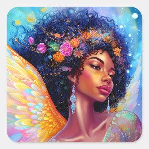 Afrikanischer Amerikaner Angel Lady Fantasy Art Quadratischer Aufkleber