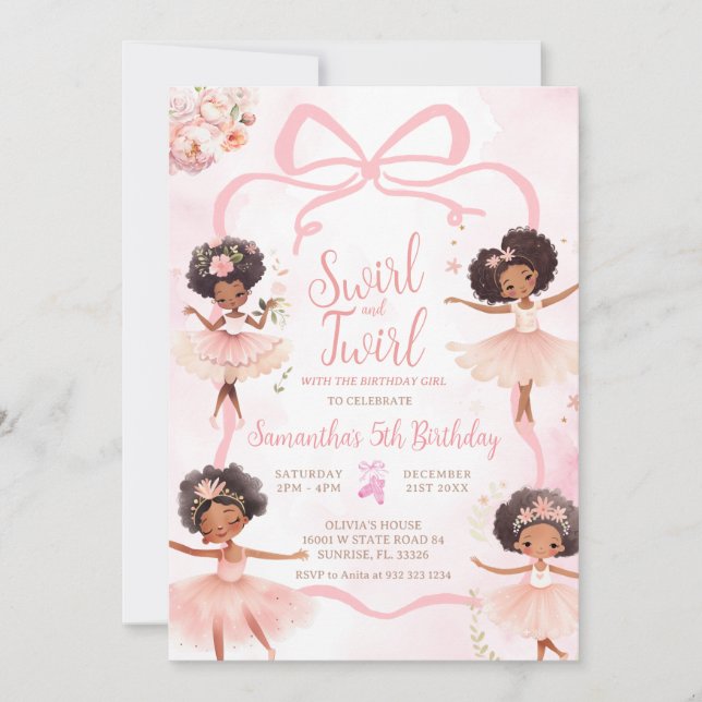 Afrikanischer Amerikaner Ballerina Tutu Pink Bow B Einladung (Vorderseite)