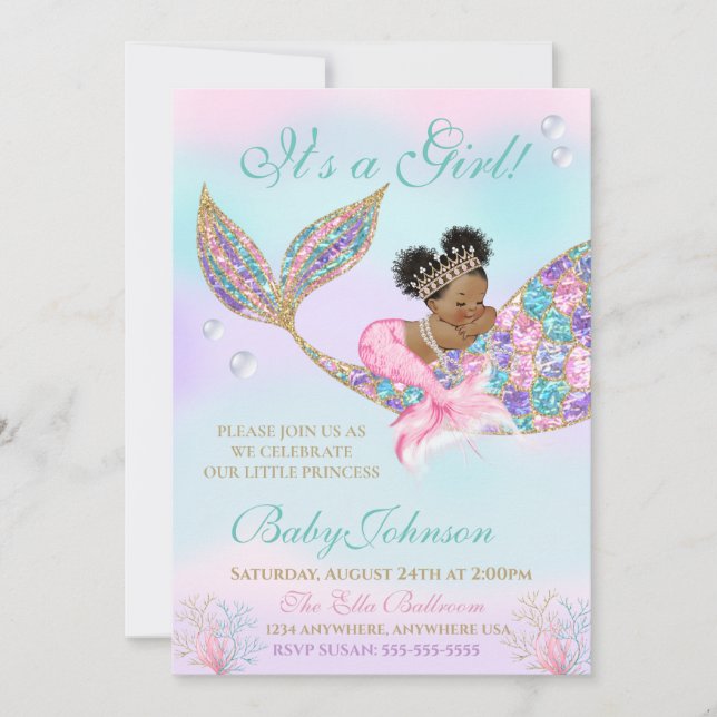Afrikanischer Amerikaner Mermaid Baby SHower Glitz Einladung (Vorderseite)