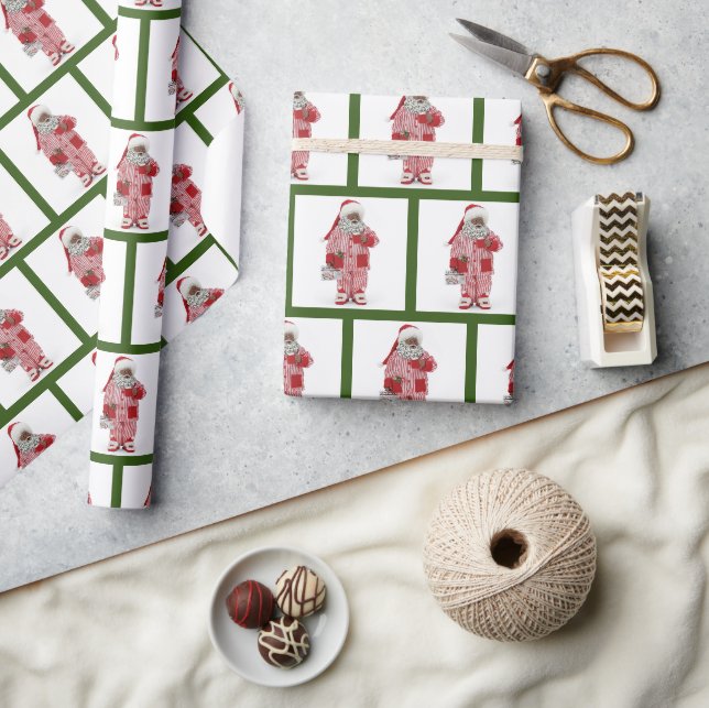 Afrikanischer amerikanischer Weihnachtsmann in PJs Geschenkpapier (Kunsthandwerk)