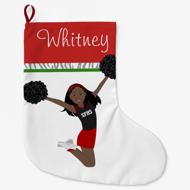 Afrikanischer Cheerleader in Rot und Schwarz Großer Weihnachtsstrumpf (Vorderseite)