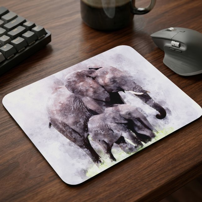 Afrikanischer Elefant mit Wasserfarbe Mousepad (Female African Elephant with Calf Watercolor. Mouse Pad)