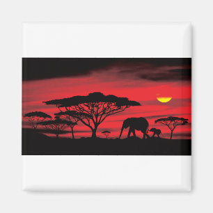 Afrikanischer Elefant und Baby mit rotem Sonnenunt Magnet