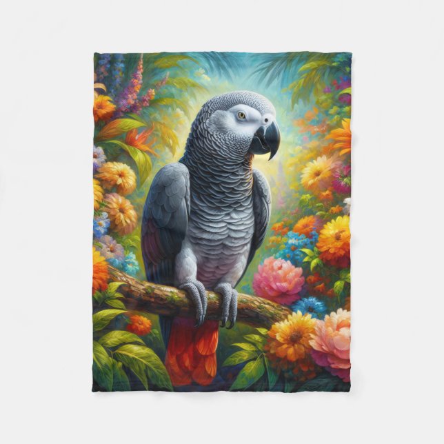 Afrikanischer Graupapagei mit bunten Blume Fleecedecke (Vorderseite)