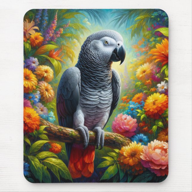 Afrikanischer Graupapagei mit bunten Blume Mousepad (Vorne)